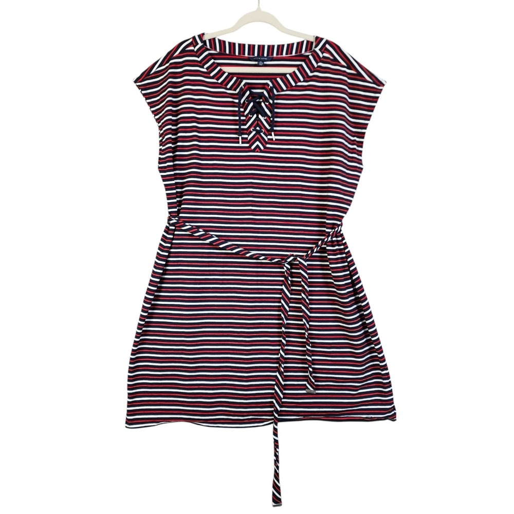 Tommy Hilfiger Womens Striped Lace Up Belted Shirt Dress Size XXL Navy Red White